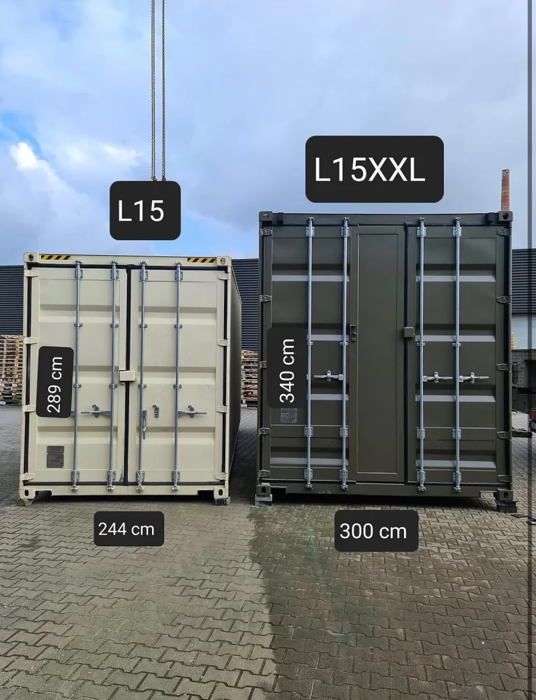 High cube shipping container (289 cm tall) next to an oversized container (340 cm tall, 300 cm wide)